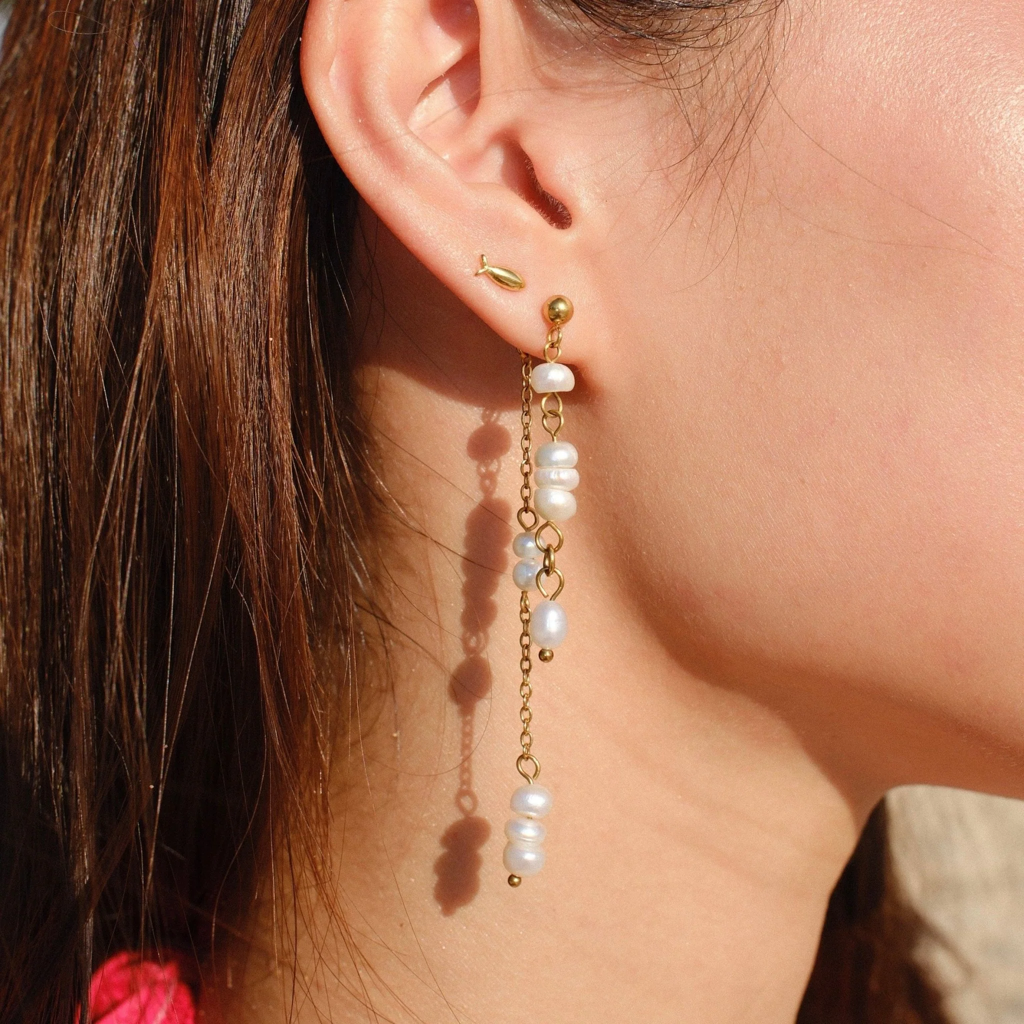 Amber Dangling Pearl Earrings - Image 2